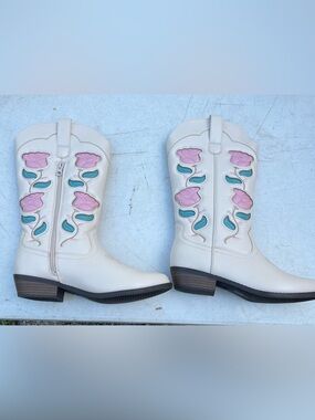 Target Cream Kids Western Boots with Pink Floral Accents